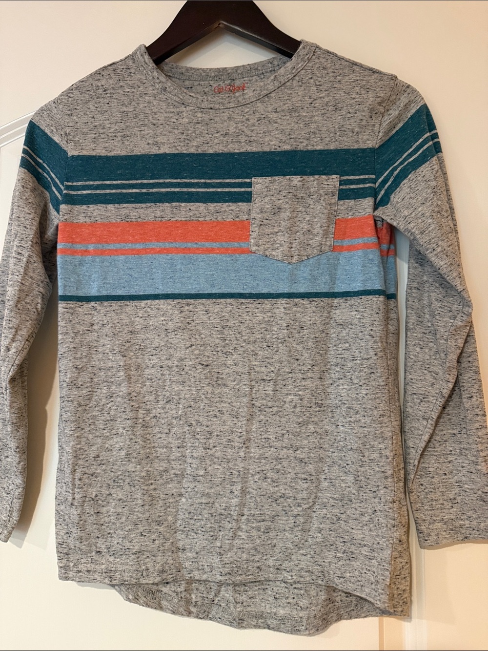 Cat & Jack Boy’s Gray Long Sleeve Tee with Teal & Coral Stripes Youth M 8/10